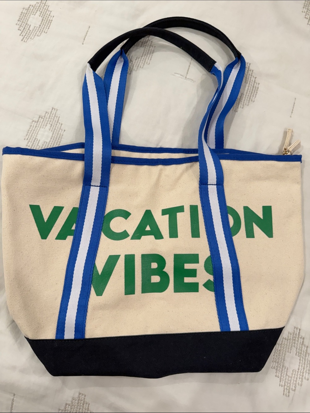 Old Navy Canvas Vacation Vibes Tote in Natural and Blue with Green Print